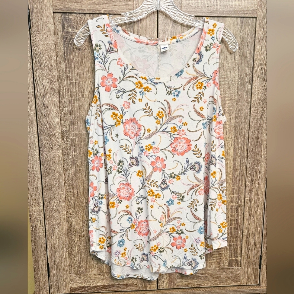 Old Navy Luxe Floral Tunic Tank Top - Pink Cream and Blue Sz L